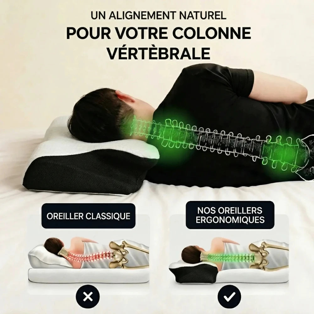 oreiller ergonomique cervica noir avec les explications de ce que cela apporte 
