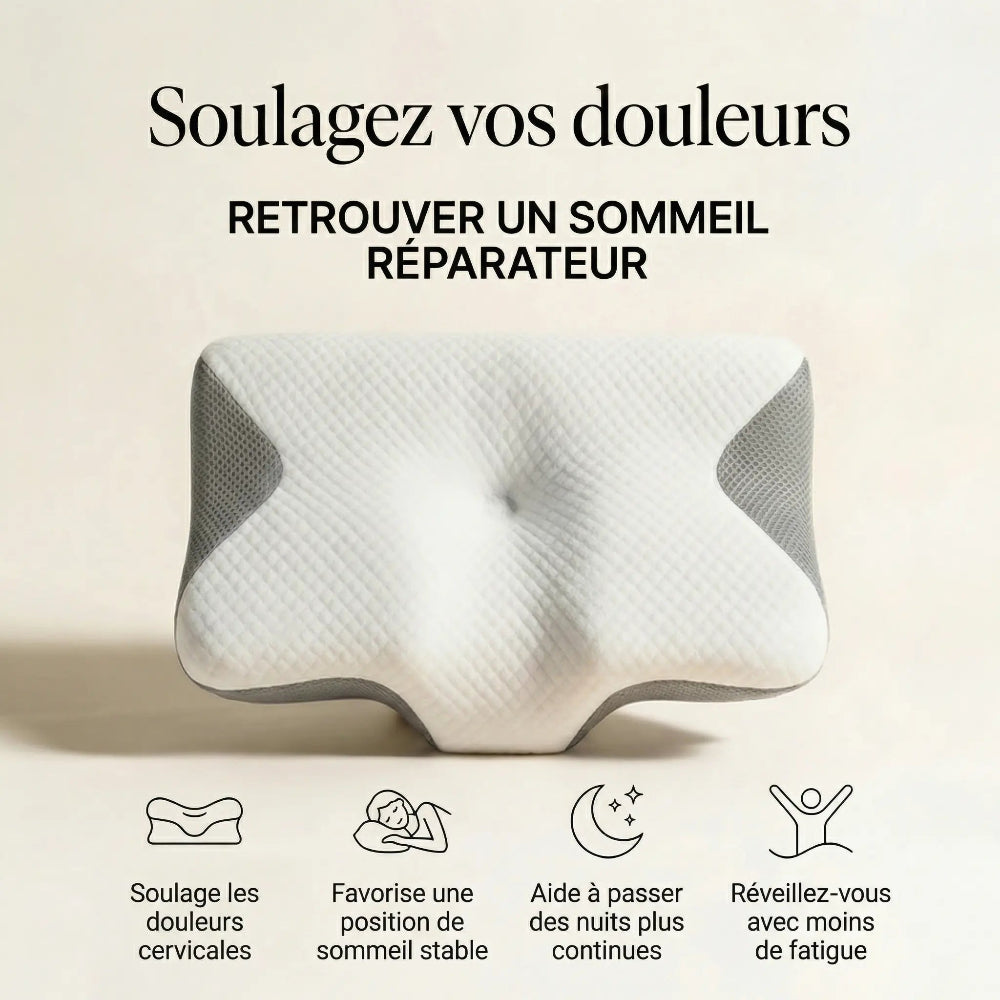 oreiller ergonomique gris de face avec benefices