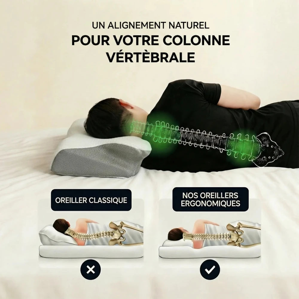 oreiller ergonomique gris avec les explications de ce que cela va soulager 