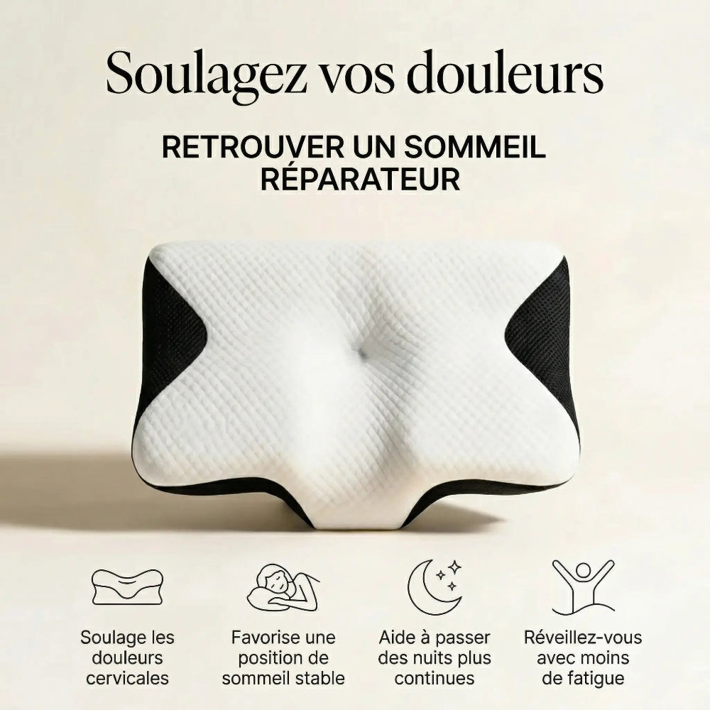 oreiller ergonomique noir de face avec benefice 